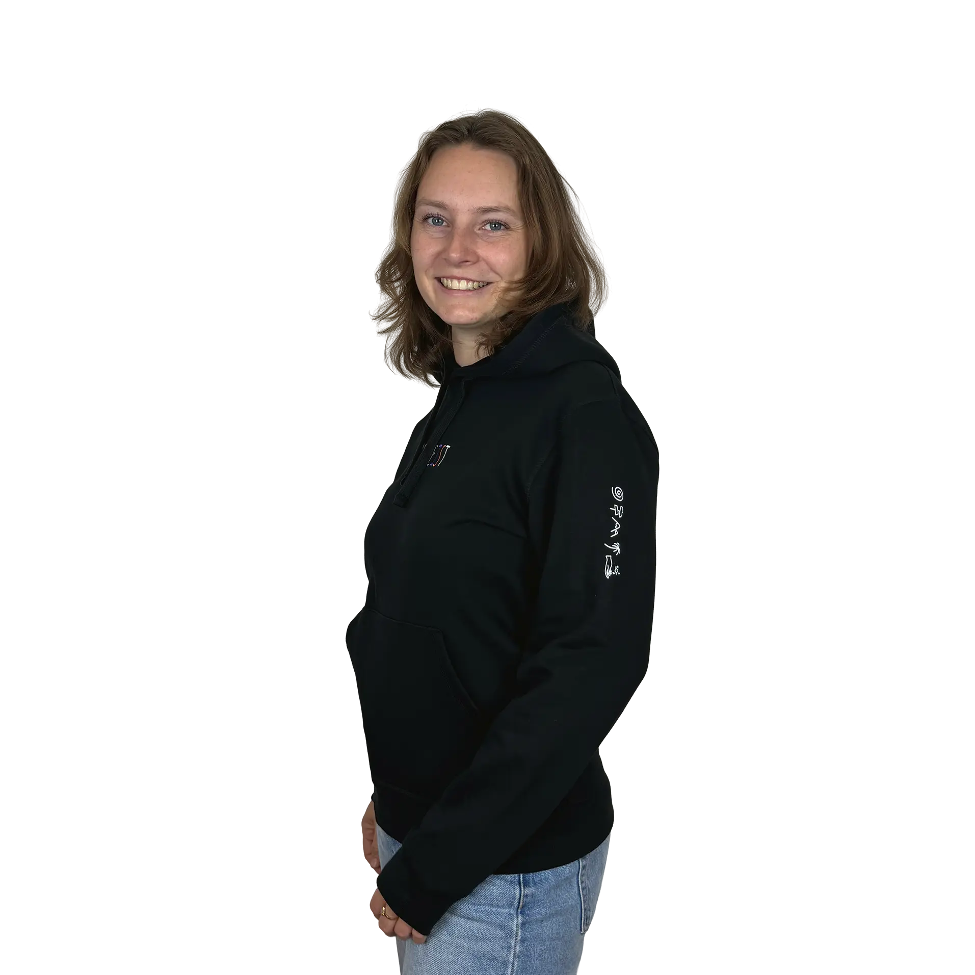 Hoodie Unisex Schwarz Weibliches Model mit Freigeist Stick