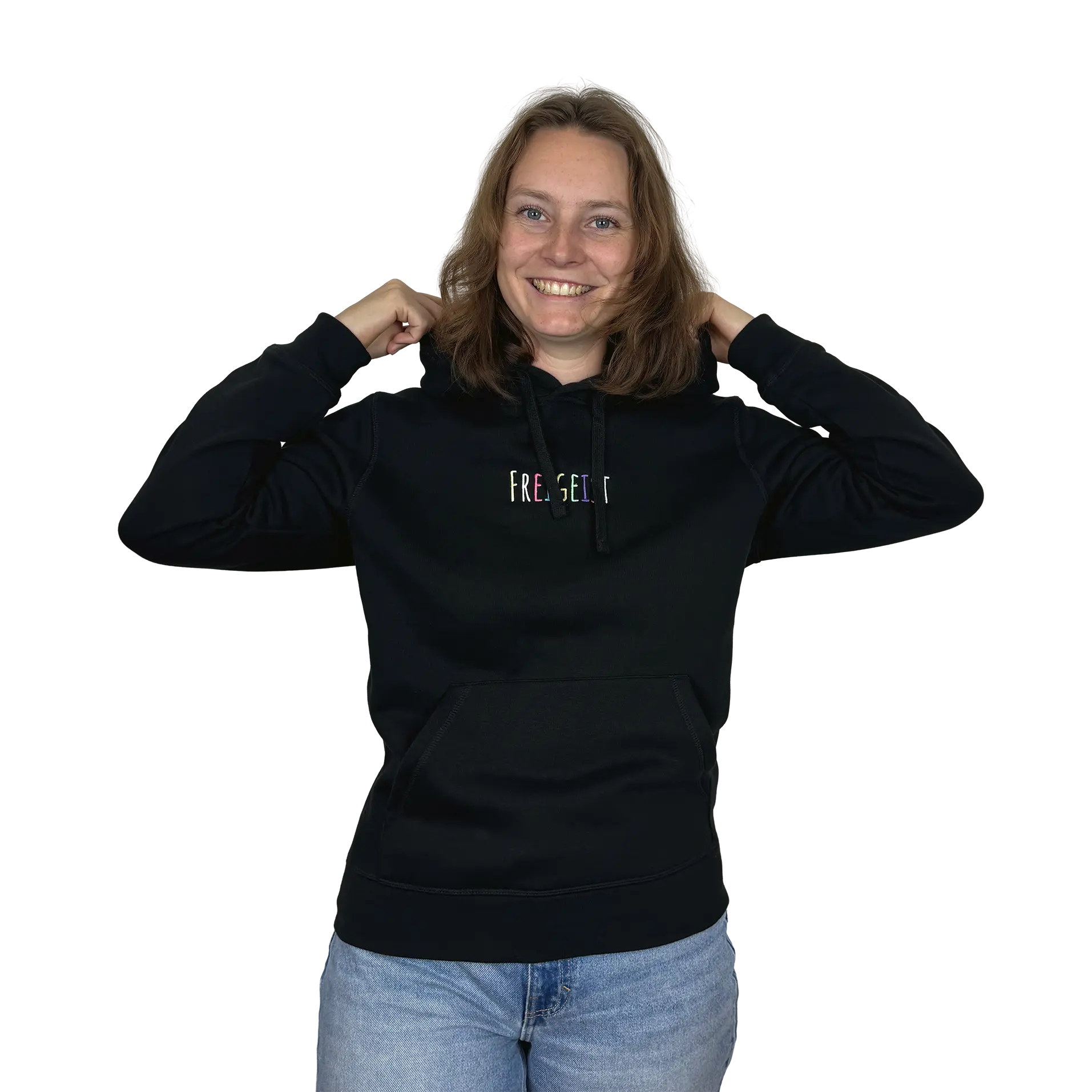 Hoodie Unisex Schwarz Weibliches Model mit Freigeist Stick