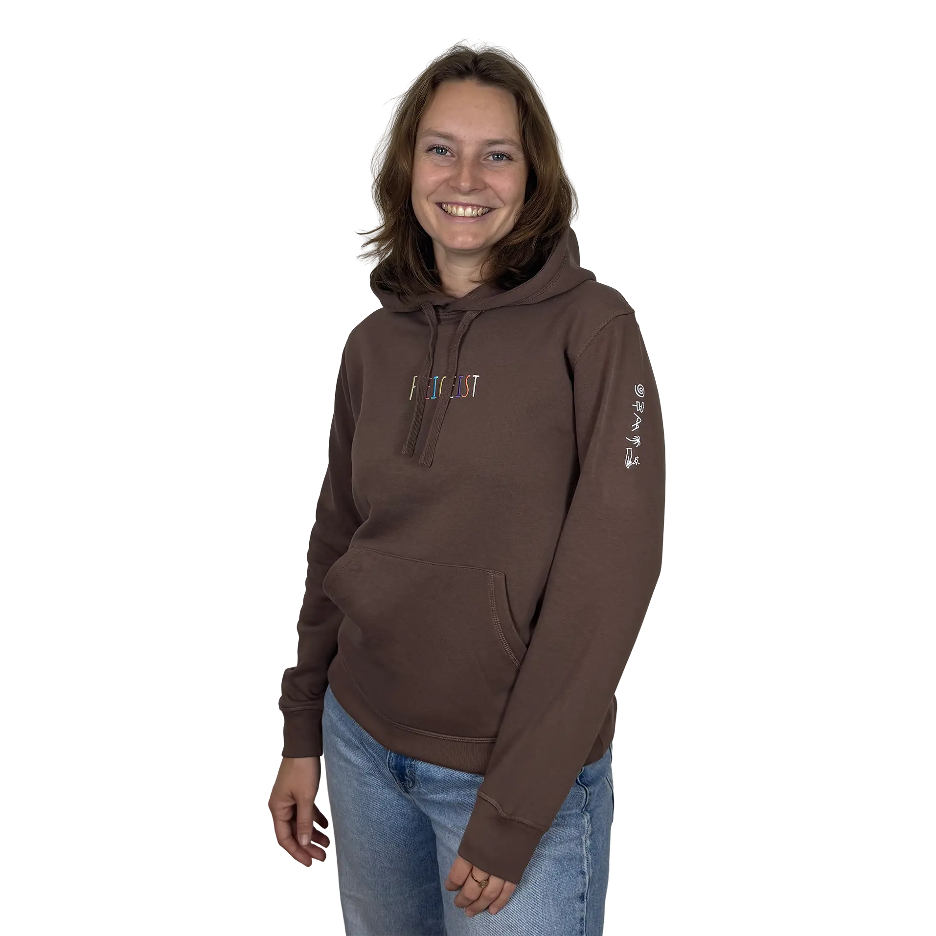 Hoodie Unisex Mocha Weibliches Model mit Freigeist Stick
