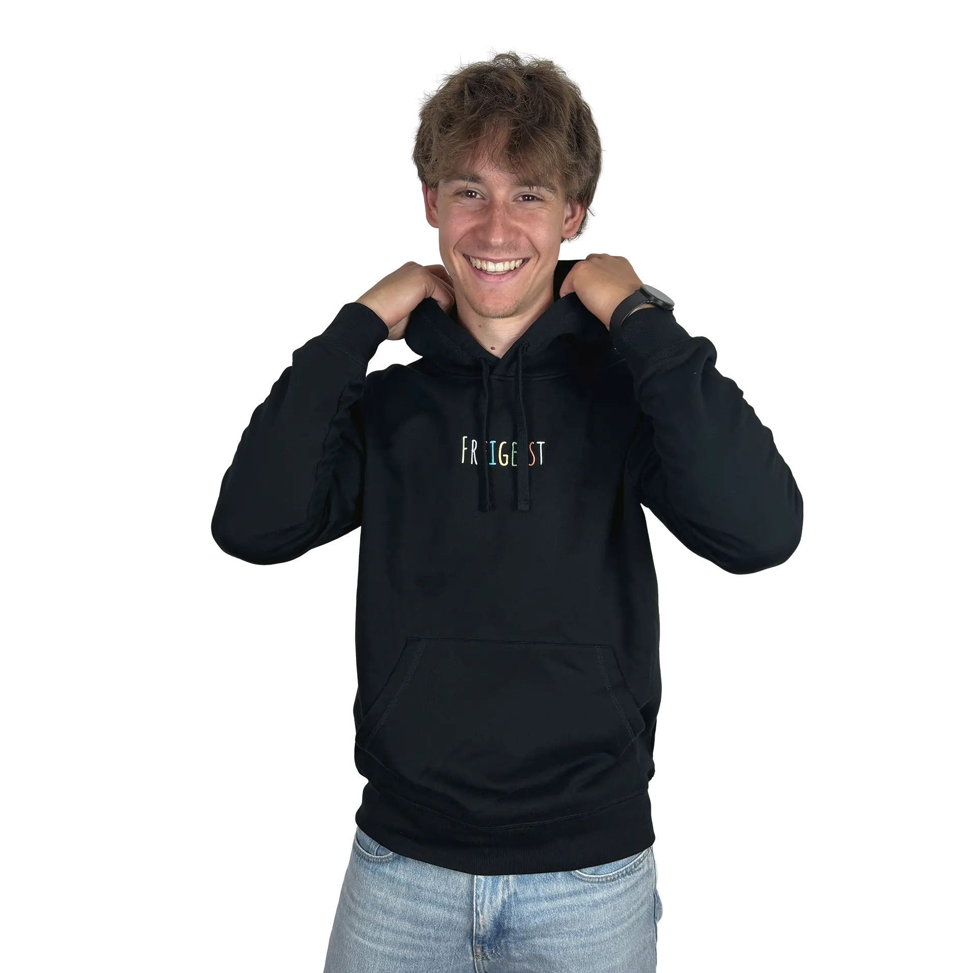 Hoodie Unisex Back Männliches Model mit Freigeist Stick