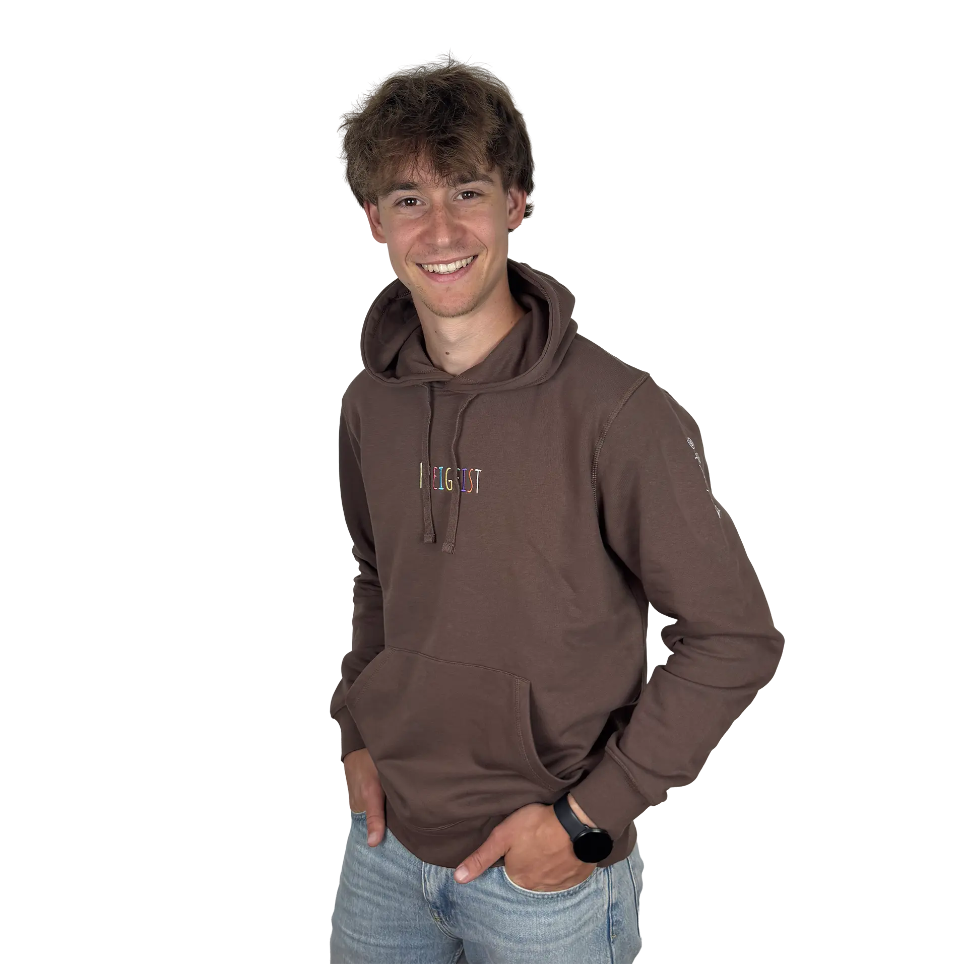 Hoodie Unisex Mocha Männliches Model mit Freigeist Stick