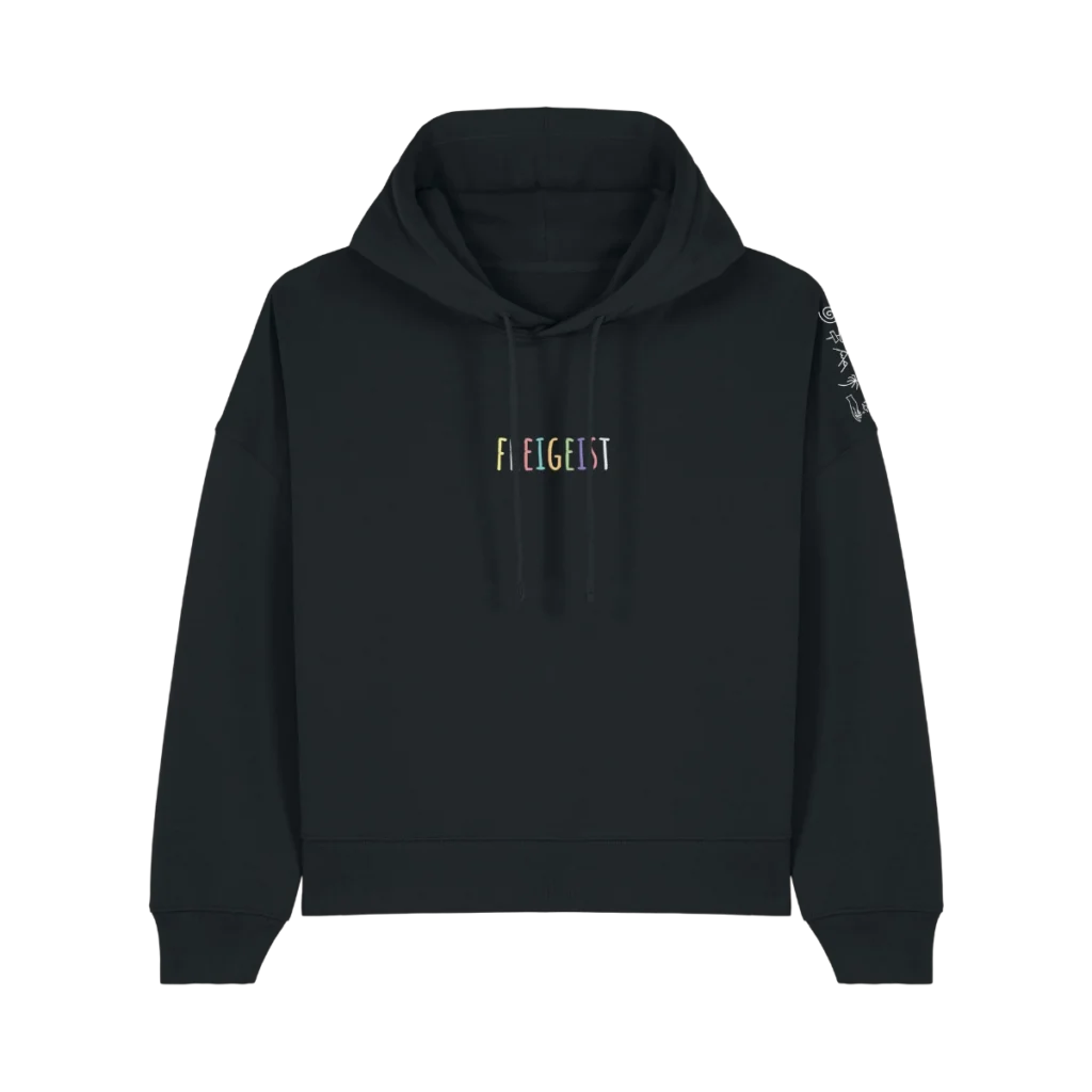 Schwarzer Freigeist Hoodie Nora mit Kapuze und buntem Freigeist Stick