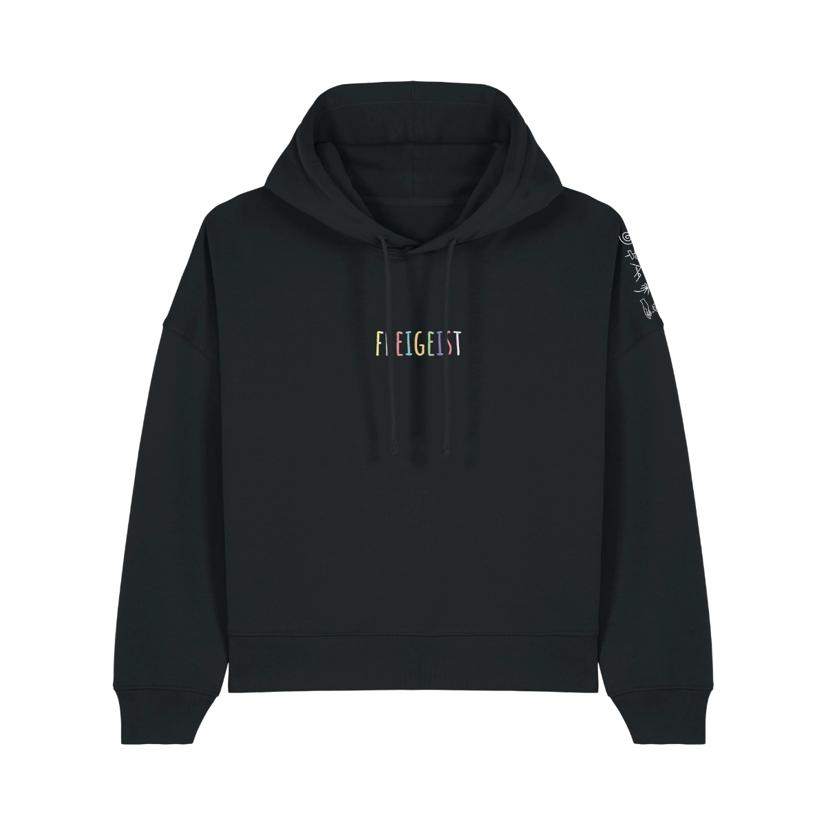 Schwarzer Freigeist Hoodie Nora mit Kapuze und buntem Freigeist Stick