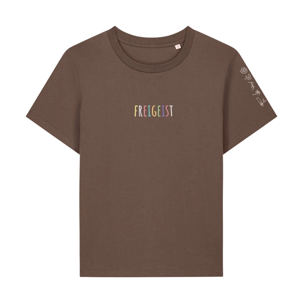 Freigeist Damen Shirt Muser in Mokka Braun mit buntem Logo Stick