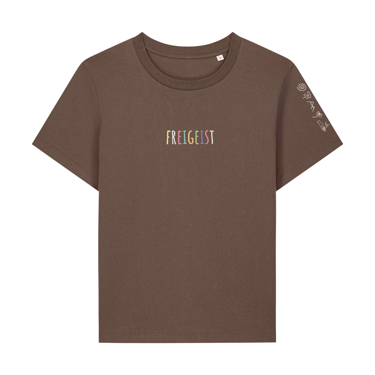 Freigeist Damen Shirt Muser in Mokka Braun mit buntem Logo Stick