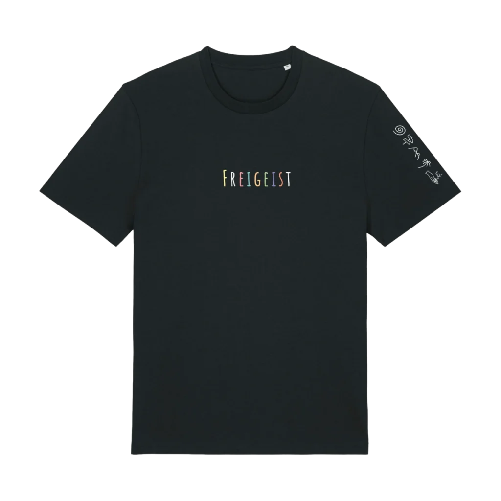 Schwarzes Freigeist T-Shirt Classic Fit mit buntem Brust-Stick und Ärmelprint