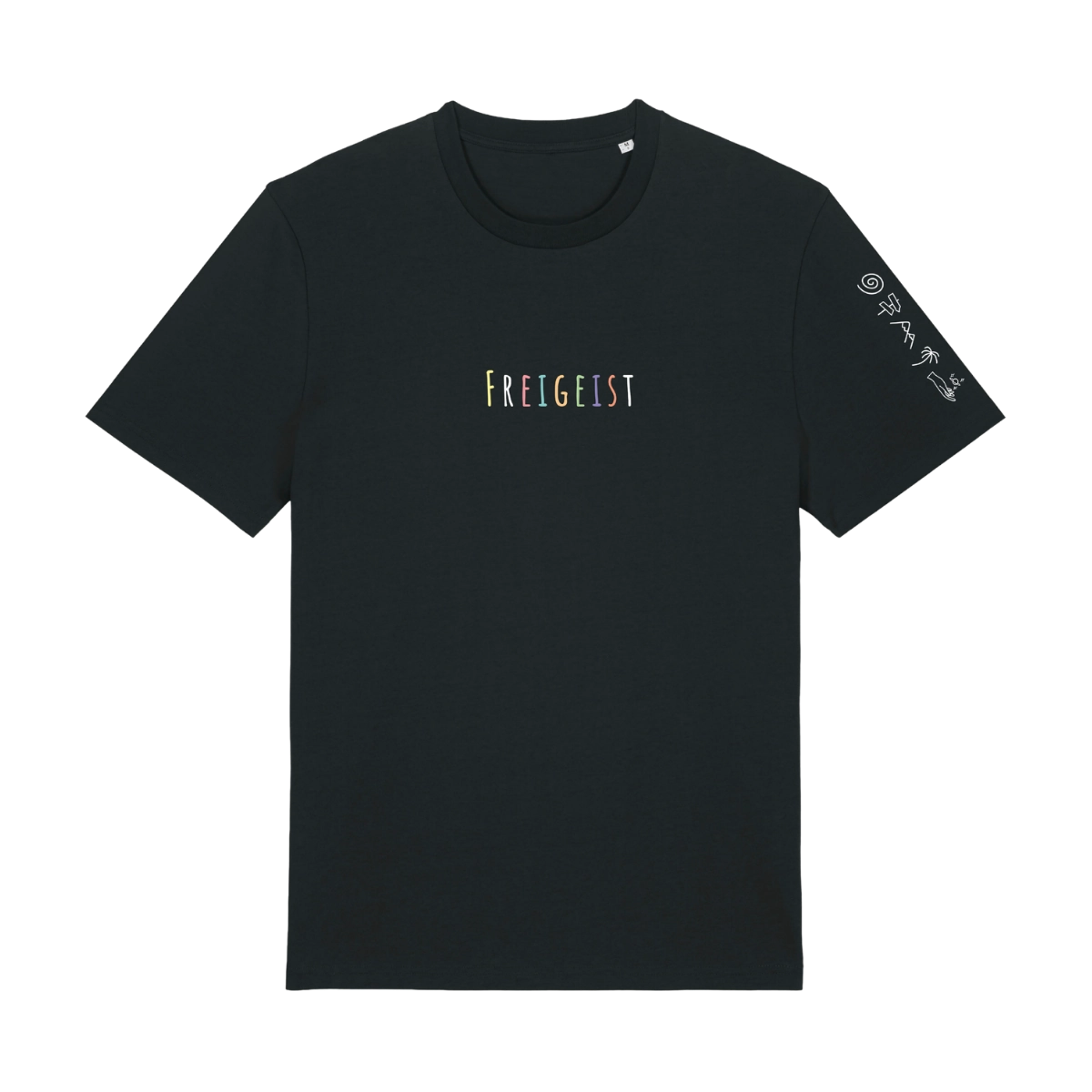 Schwarzes Freigeist T-Shirt Classic Fit mit buntem Brust-Stick und Ärmelprint