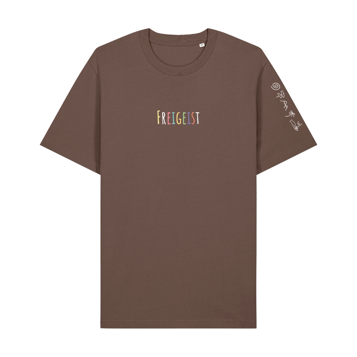 Freigeist Unisex T-Shirt in Mokka Braun mit mehrfarbigem Logo-Stick