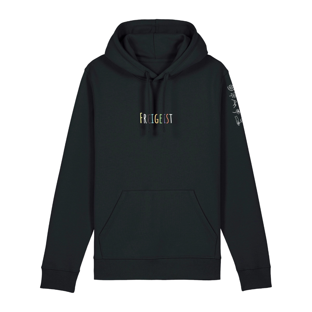 black-front-shop.webp Schwarzer Freigeist Hoodie Classic Fit mit Kängurutasche und Ärmelsymbolen